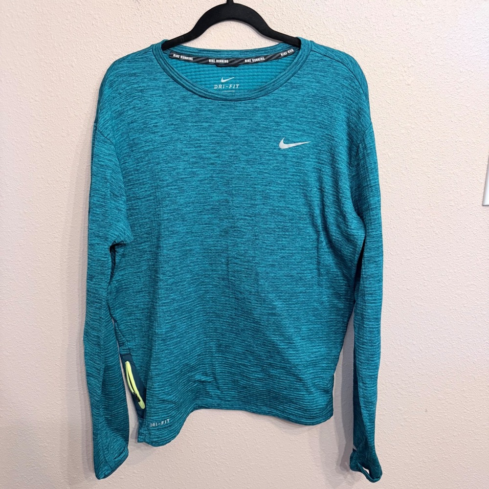 Nike Running Dri-FIT Teal Space Dye Waffle Knit Long Sleeve Shirt Mens XL